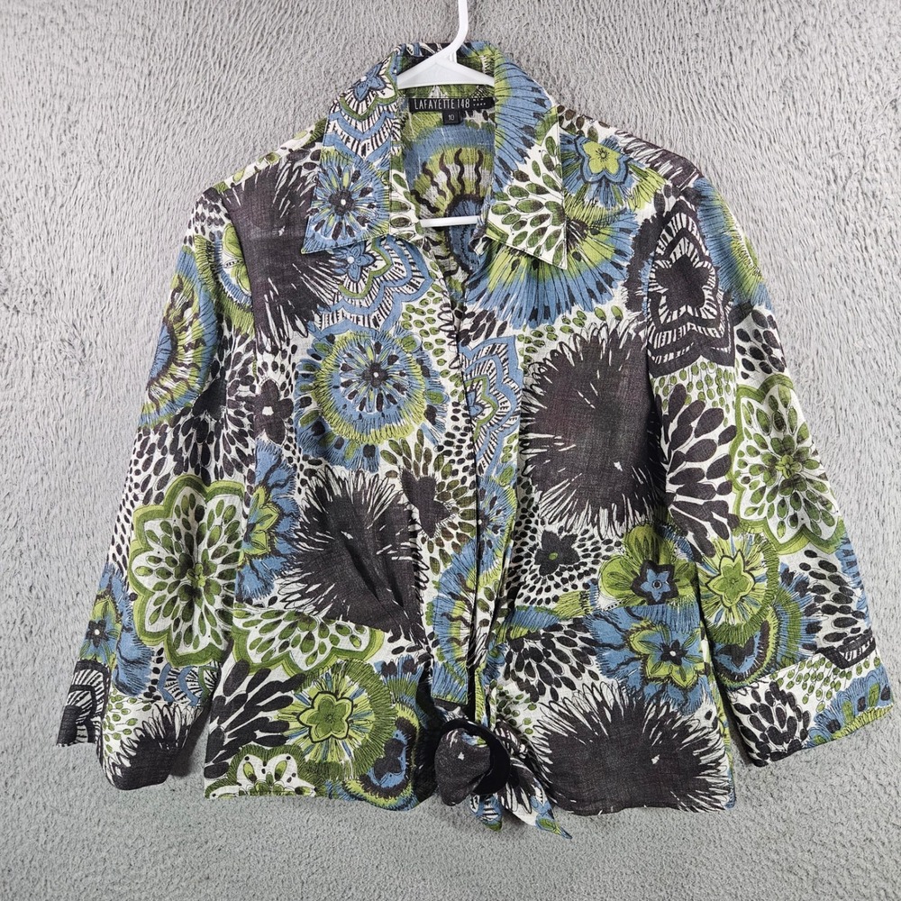 Lafayette 148 New York Green Floral Linen‎ Tie Front Shirt Jacket Womens 10